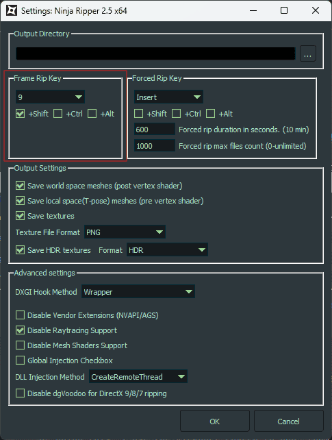 Image of Ninja Rippers settings window